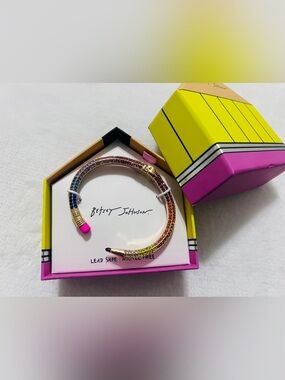 New! Betsey Johnson Multi Color Crystal Pencil Hinged Cuff Bracelet With Box